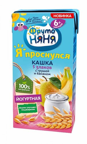 Фрутоняня Кашка молочная "Йогуртная" 5 злаков с грушей и бананом, 0,2 л, с 6 месяцев