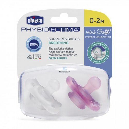 Chicco Пустышка Physio Soft Mini, 0-2 месяца, силикон, 2 штуки /цвет розовый